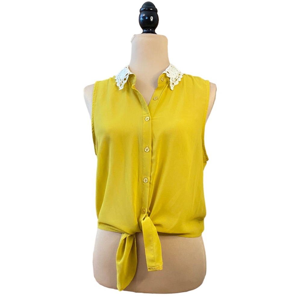 FCNY Lace Peter Pan Collar Semi-Sheer Button Down Tie Top Size L